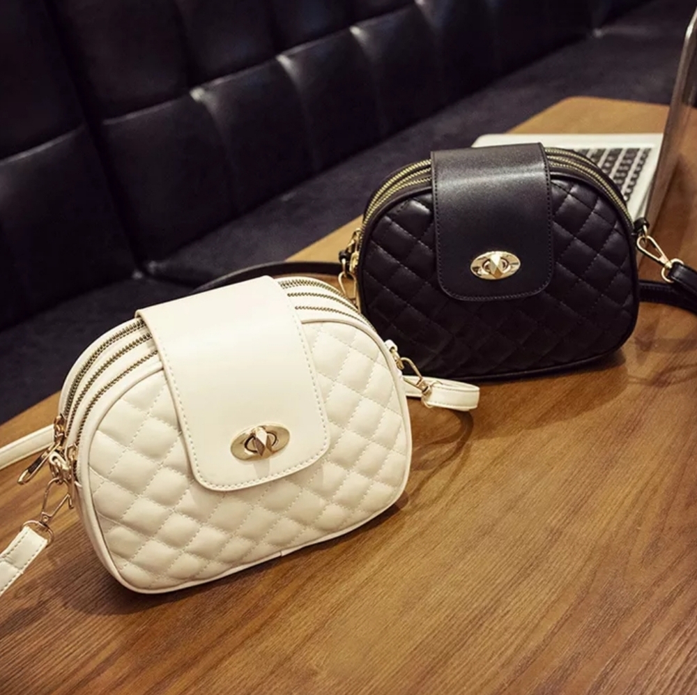 Diamond Embossed 3 Zipper Crossbody Bag - Off White Color - Picture 2 of 15